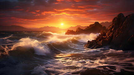 Fantastic big rocks and ocean waves at sundown time. Dramatic scene. - obrazy, fototapety, plakaty