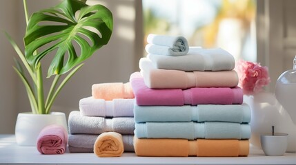  Soft towels of various sizes in various  colors stacked  in layers on a table 