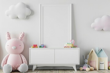 Child's nursery room with a framed mockup, toys, and pastel pink accents.