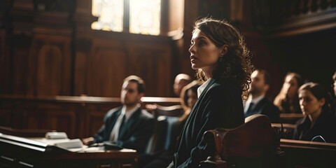 Woman Sitting at Table in Courtroom - obrazy, fototapety, plakaty