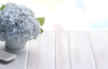 beautiful blue hydrangea flowers and phone on light wooden table