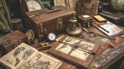 Vintage travel essentials: antique suitcase, compass, and map arranged artfully on aged wooden table