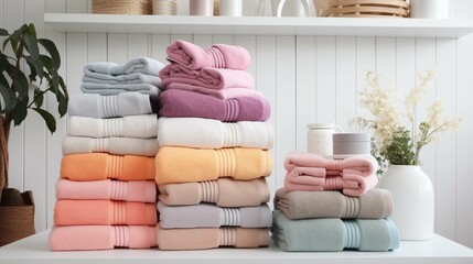 Stacked in layers on the table are soft towels of various sizes in bright colors