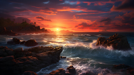 Fantastic big rocks and ocean waves at sundown time. Dramatic scene.