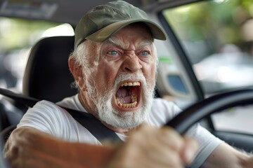 Older Man Driving Car With Mouth Open