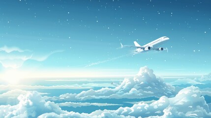 Serene seaside: white plane soars above clouds in vivid vector sky background