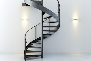 A spiral staircase made of sleek black metal, ascending against a stark white wall with a single spotlight illuminating the steps