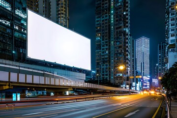Blank billboard at night in the big city with skyscrapers in the background