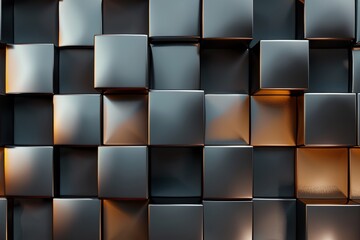 Abstract background of metal cubes with different shades of gray and golden lighting