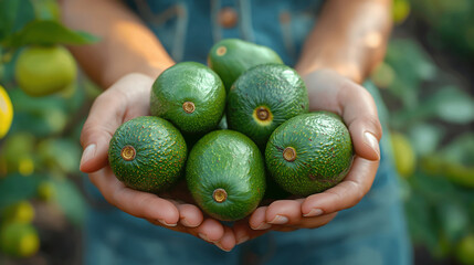 Holding fresh organic avocado fruit
