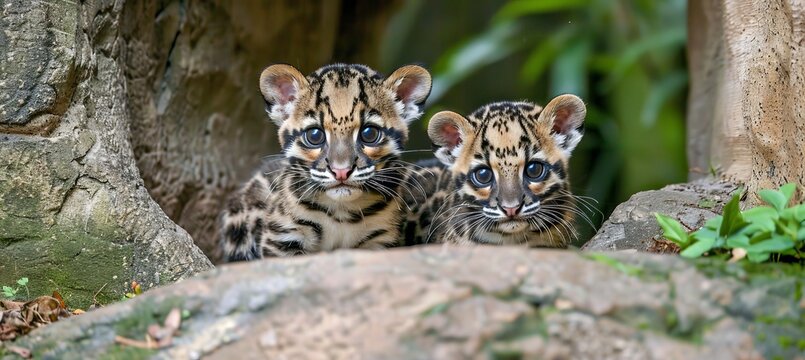 Male clouded leopard and cub portrait with empty text space, object on right for balance