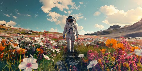 Astronaut walking on the field full of flowers - obrazy, fototapety, plakaty