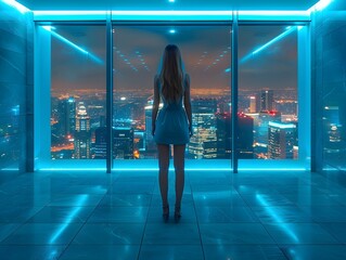 A gorgeous girl looking at hologram digital screen; futuristic technology background with blue touch screen and woman in front of the screen.