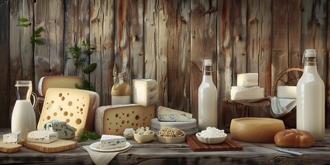 Rustic Dairy Products On Wooden Table With Blurred Barn Background