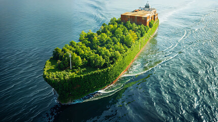 An illustrative view of a cargo container ship turned into a moving green forest park, showcasing ecological transport ideas - Powered by Adobe