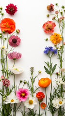 free space for title banner with a border of various flowers arranged in a row, in the style of nature-inspired imagery, detailed botanical illustrations, i can't believe how beautiful this is, white 