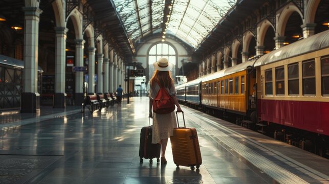 Woman traveler with luggage walking through atmospheric train station, embodying active travel lifestyle