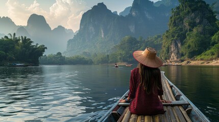Adventurous woman exploring mysterious waters on boat in southeast asia, journeying through intriguing scenery and cultural marvels