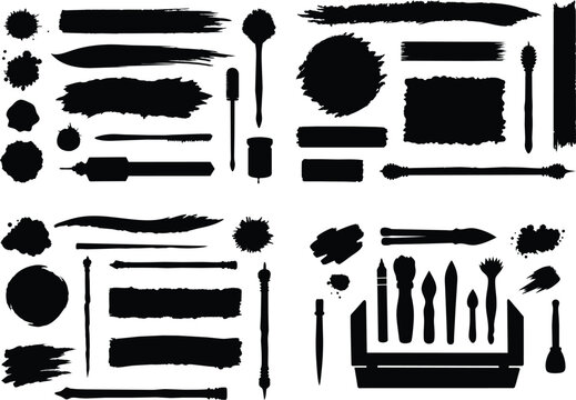 Black set paint, ink brush, brush strokes, brushes, lines, frames, box, grungy. Grungy brushes collection. Brush stroke paint boxes on white background vector