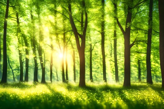 Defocused green trees in forest or park with wild grass and sun beams. Beautiful summer spring natural background. 