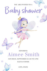 Fairy, princess with a crown, butterflies, stars. Cute baby shower watercolor invitation card. Layout of children's birthday postcard. New born celebration. Template of newborn's party invitation.