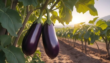 Full of Eggplant vegetable in eggplant plant in closeup of gorden hour time