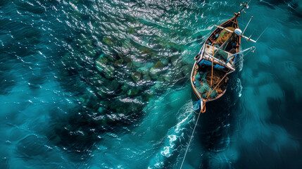 Aerial view of a fishing boat with nets in the water - obrazy, fototapety, plakaty