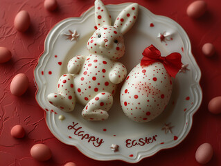 A white rabbit sits near a plate with cookies and chocolate chips. Pink and red decor and chocolate eggs. The inscription "Happy Easter".
