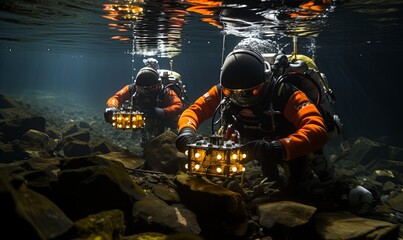 Two Divers Illuminated Underwater - obrazy, fototapety, plakaty