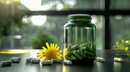 Green transparent jar containing white capsules on the modern table with some of them and a flower of dandelion lying on the table