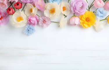 colorful spring flowers on white wooden table for greeting holid