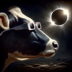 Cow gazing at a total solar eclipse wearing protective dark glasses - obrazy, fototapety, plakaty