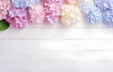 colorful pastel hydrangea flowers on white wooden table for gree