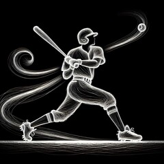 A baseball player luminous white lines against a stark black background is preparing to hit a baseball with bat
