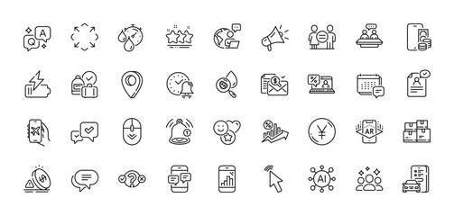 Smile, Yen money and Resume document line icons pack. AI, Question and Answer, Map pin icons. Equality, Phone messages, Scroll down web icon. Megaphone, Phone pay, Water analysis pictogram. Vector