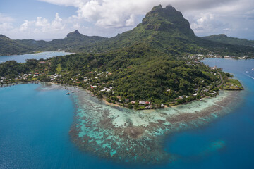 aerial view of huahine lagoon