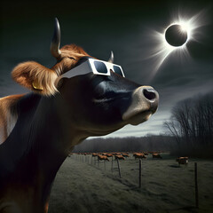 A cow with sunglasses stands in the foreground, gazing up at a solar eclipse in a dramatic sky with a herd of cattle in a farm field