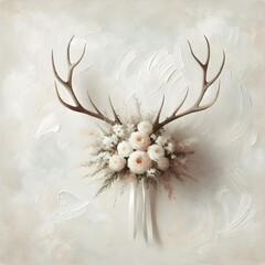 A pair of antlers in a bridal floral arrangement of white and pink roses accented with greenery and hanging white ribbons