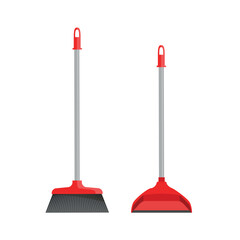 Red plastic broom and dustpan isolated on white background. Cleaning tools in flat style. Vector stock