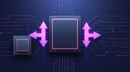 square, graphite panel surrounded to two matt purple directional arrows going in opposite directions, flat image, dark cyber vector - obrazy, fototapety, plakaty