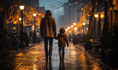 Man and Child Walking Down Night Street - obrazy, fototapety, plakaty