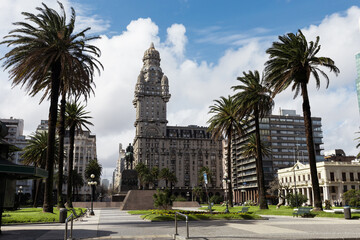A beautiful day with clouds in the blue sky in the historic center of Montevideo, Uruguay, with...