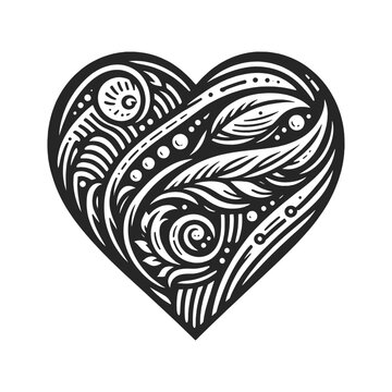 ornate heart with intricate swirls and patterns sketch engraving generative ai fictional character vector illustration. Scratch board imitation. Black and white image.