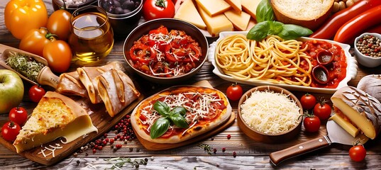 Fresh Italian Food Ingredients Background With Copy Space on Rustic Wooden Table - obrazy, fototapety, plakaty