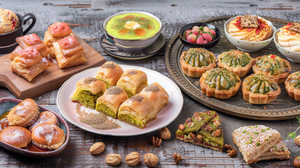 Traditional Eid al-Fitr sweets include delectable treats like baklava, maamoul, and sheer khurma - obrazy, fototapety, plakaty