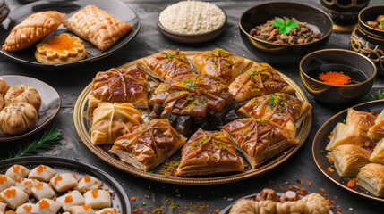 Traditional Eid al-Fitr sweets include delectable treats like baklava, maamoul, and sheer khurma - obrazy, fototapety, plakaty