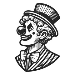 Circus clown with a top hat and a cheerful expression sketch engraving generative ai fictional character vector illustration. Scratch board imitation. Black and white image.