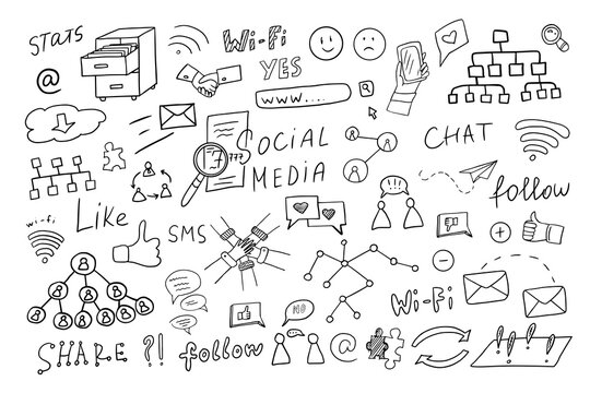 Big set of hand drawn social media elements. Communication, follow, sms, share, internet, search, chat. Doodle style. Hand drawn. Great for banner, posters, cards, stickers and professional design.