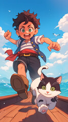 Obraz na płótnie Canvas a boy and a cat are running on a boat. The boy is wearing a pirate outfit. AI Generated 