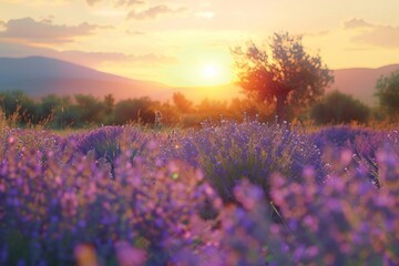 Purple flowers cover the plain as the sun sets behind the cloudfilled sky - obrazy, fototapety, plakaty